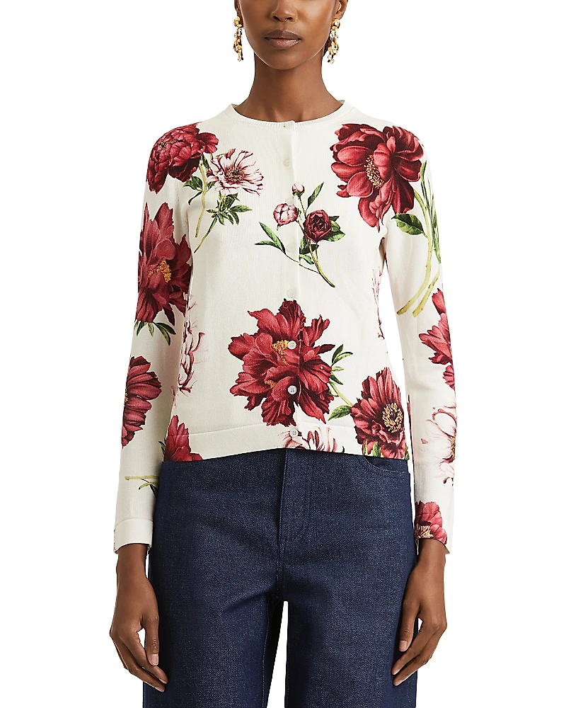 Oscar de la Renta Long Sleeve Peony Print Cardigan Sweater