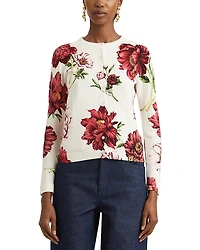 Oscar de la Renta Long Sleeve Peony Print Cardigan Sweater