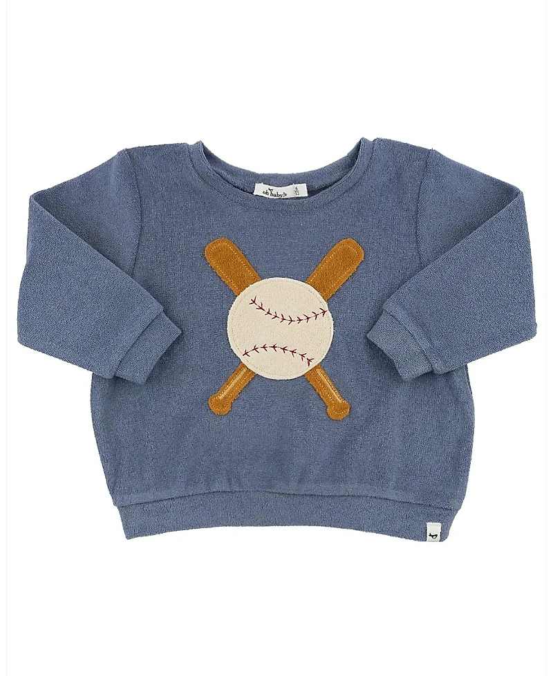 oh baby! Unisex Terry Baseball Applique Brooklyn Boxy Sweatshirt - Little Kid
