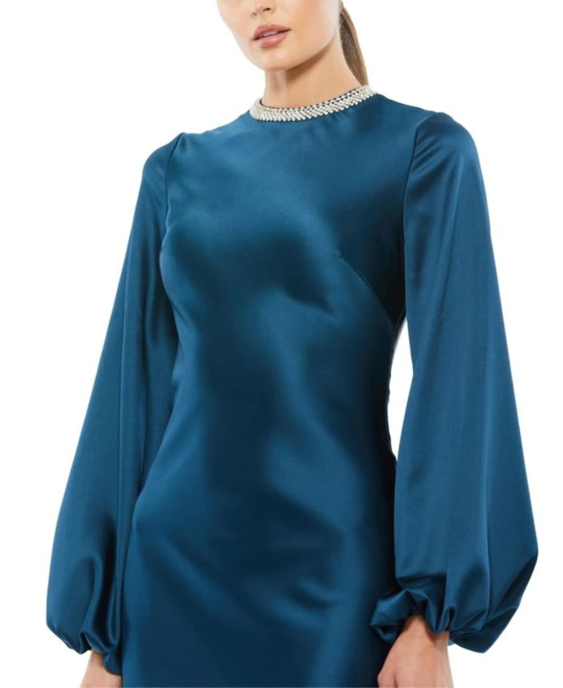 Satin Long Blouson Sleeve Evening Gown