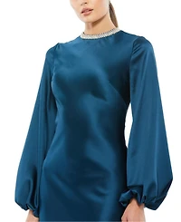 Satin Long Blouson Sleeve Evening Gown