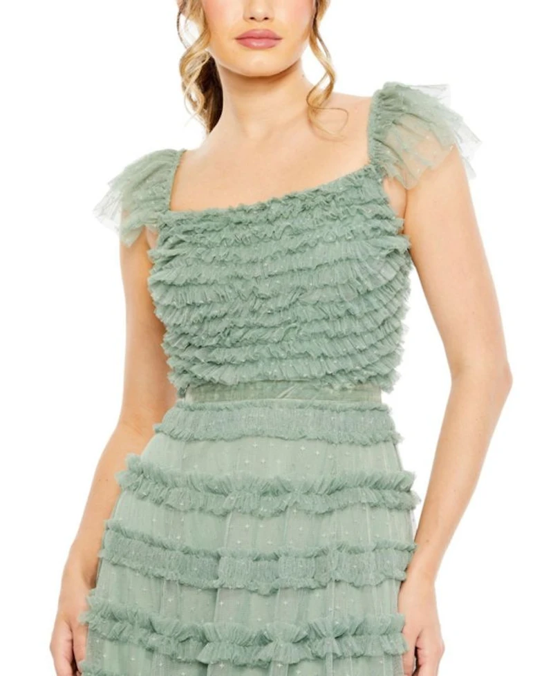 Ruffle Cap Sleeve Embellished Tiered Gown