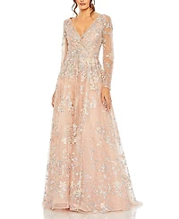 Mac Duggal Embellished Wrap Over Illusion Long Sleeve A-line Dress