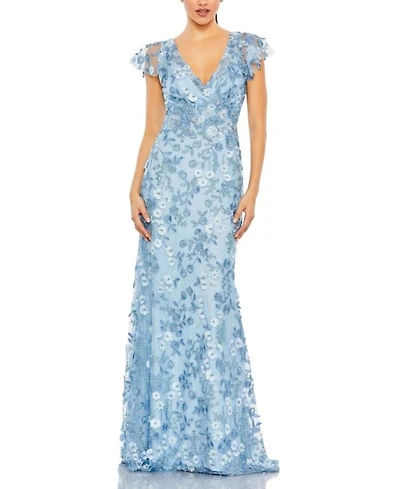 Embroidered Applique Wrap Over Flutter Sleeve Gown