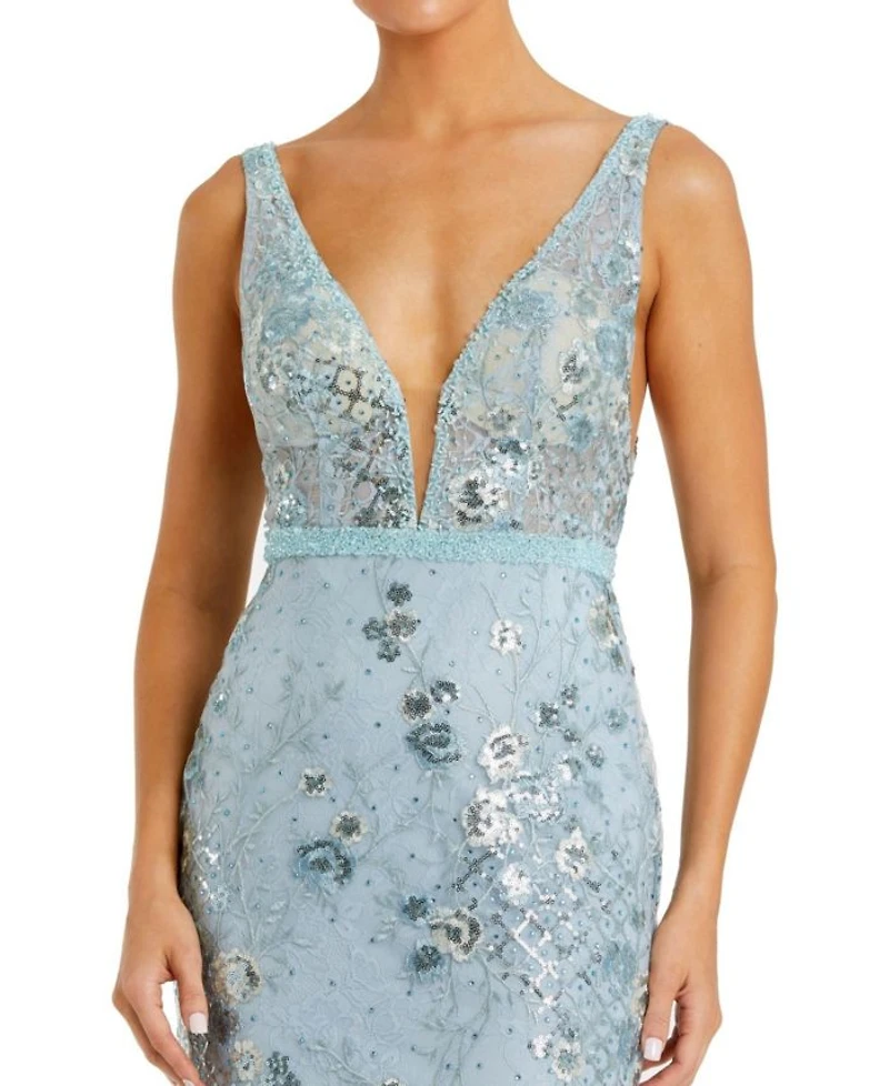 Floral Embellished Sleeveless Plunge Neck Gown