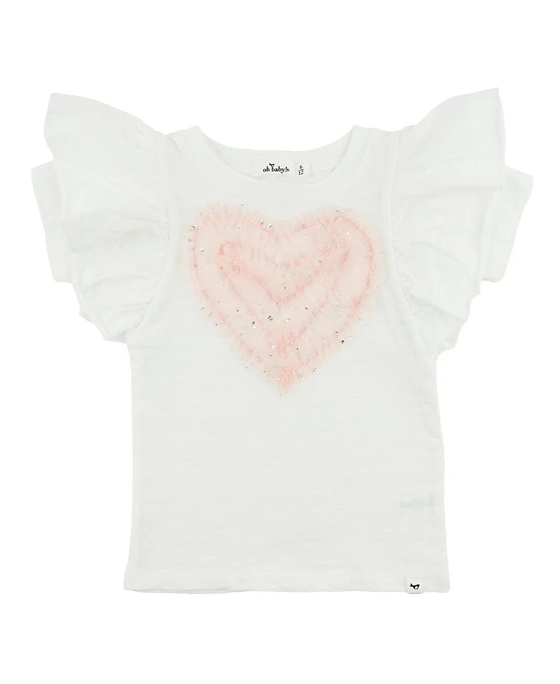 oh baby! Girls' Ruffle Heart Pink & Silver Tulle Applique Butterfly Top - Little Kid
