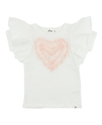 oh baby! Girls' Ruffle Heart Pink & Silver Tulle Applique Butterfly Top - Little Kid