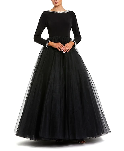Mac Duggal Embellished Jersey Long Sleeve Ballgown with Tulle Skirt