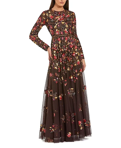 Mac Duggal Long Sleeve Floral Embellished Evening Gown