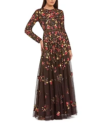 Mac Duggal Long Sleeve Floral Embellished Evening Gown