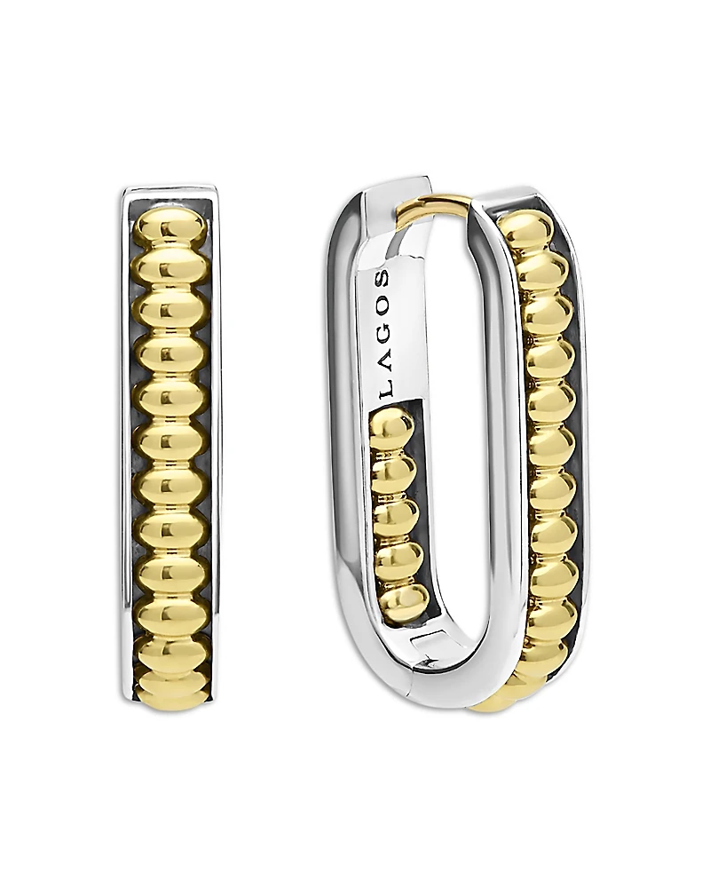 Lagos 18K Yellow Gold & Sterling Silver Signature Caviar Diamond Oval Hoop Earrings