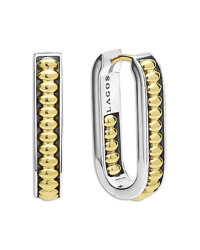 Lagos 18K Yellow Gold & Sterling Silver Signature Caviar Diamond Oval Hoop Earrings