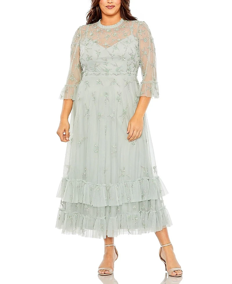 Mac Duggal Plus Flutter Half Length Sleeve High Neck Embellished Dress