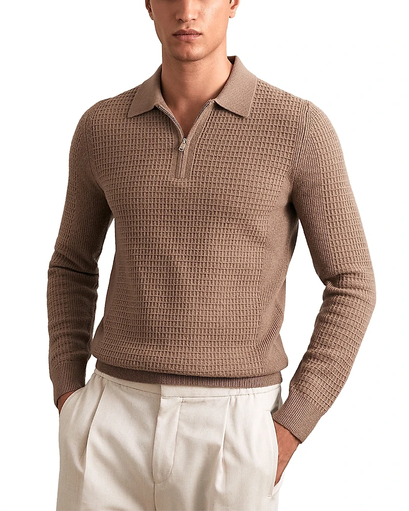 Reiss Hamilton Long Sleeved Half Zip Square Textured Wool Polo Shirt