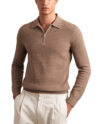 Reiss Hamilton Long Sleeved Half Zip Square Textured Wool Polo Shirt