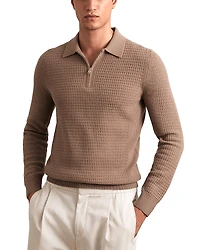 Reiss Hamilton Long Sleeved Half Zip Square Textured Wool Polo Shirt