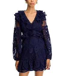 Aqua Lace V Neck Long Sleeve Ruffle Mini Dress - Exclusive