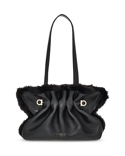 Ferragamo Pierced Leather & Shearling Shoulder Bag