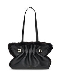 Ferragamo Pierced Leather & Shearling Shoulder Bag