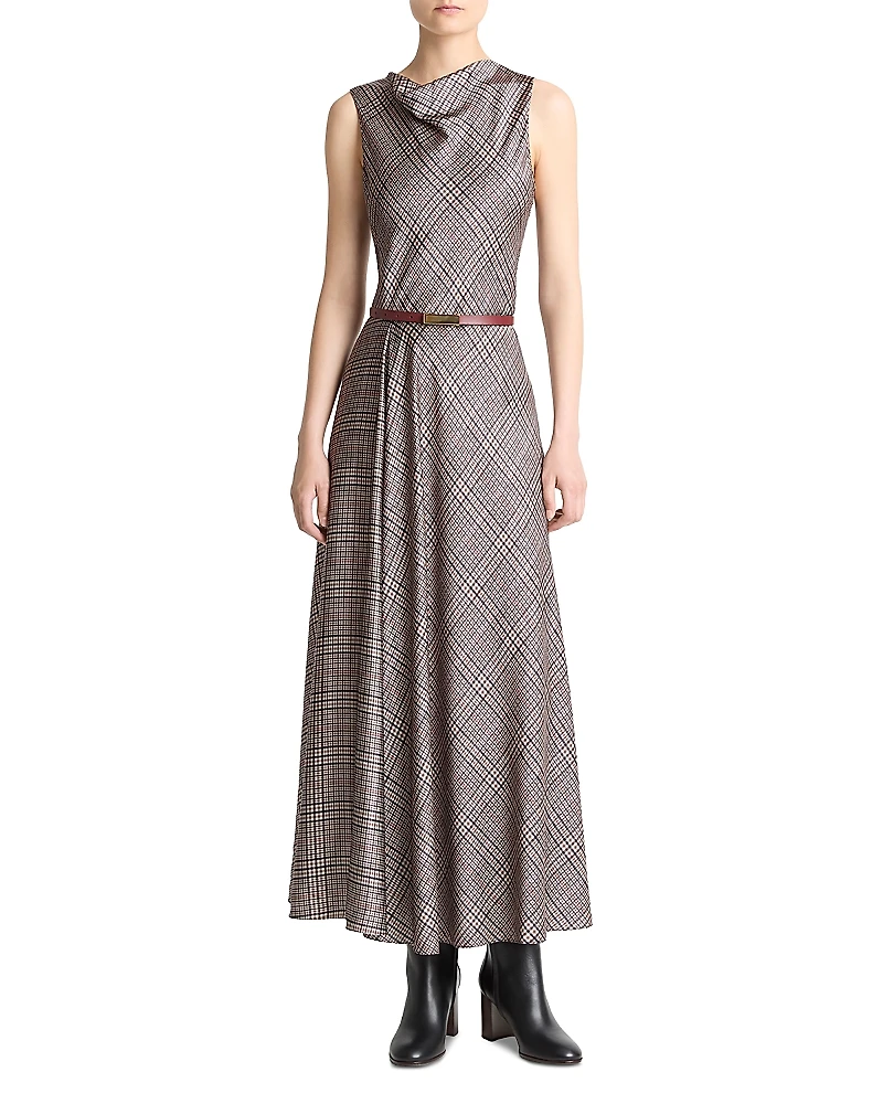 Vince Pressed Plaid Cowlneck Dress