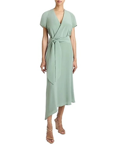 Santorelli Haley Cap Sleeve Silk Faux Wrap Hi Lo Midi Dress