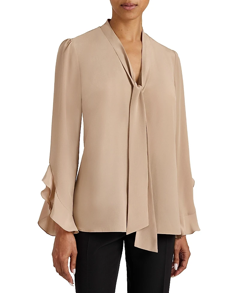 Santorelli Sienna Long Sleeve Silk Blouse with Neck Tie
