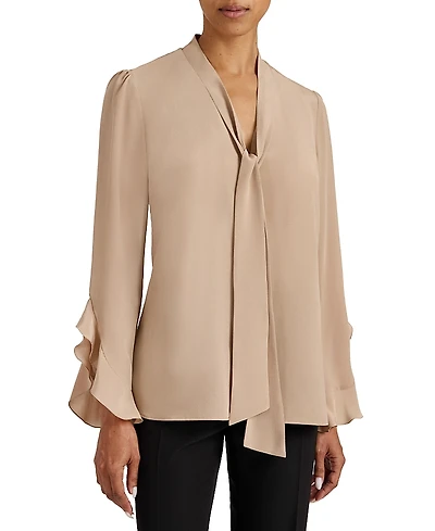 Santorelli Sienna Long Sleeve Silk Blouse with Neck Tie
