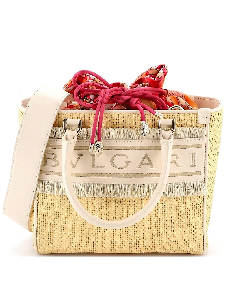 Pre-Owned Bvlgari Medium Fringe Logo Convertible Tote Raffia with Leather