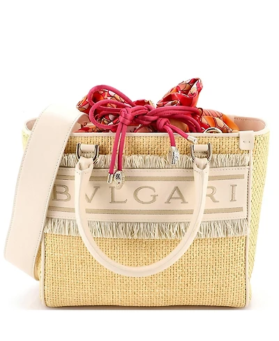 Pre-Owned Bvlgari Medium Fringe Logo Convertible Tote Raffia with Leather