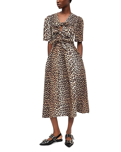 Ganni Leopard Printed Cotton Tie Strap Midi Dress