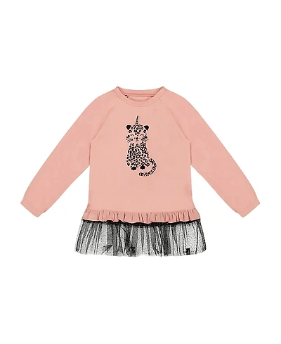 Deux par Girls' Long Bi-Material Top with Mesh Ruffle Hem and Leopard Print