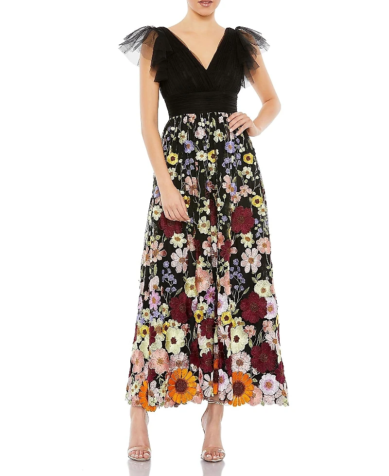 Mac Duggal Embroidered Ruched Flutter Sleeve A Line Dress