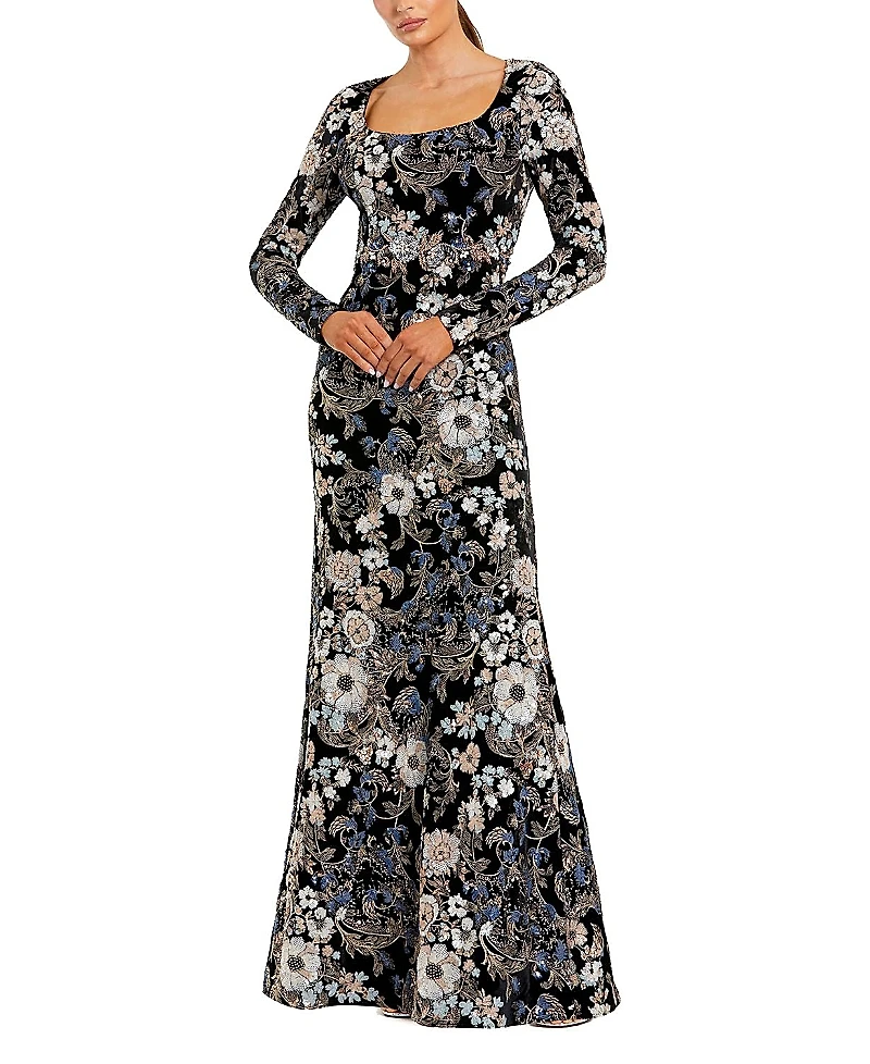 Mac Duggal Embroidered Velvet Long Sleeve Scoop Neck Gown