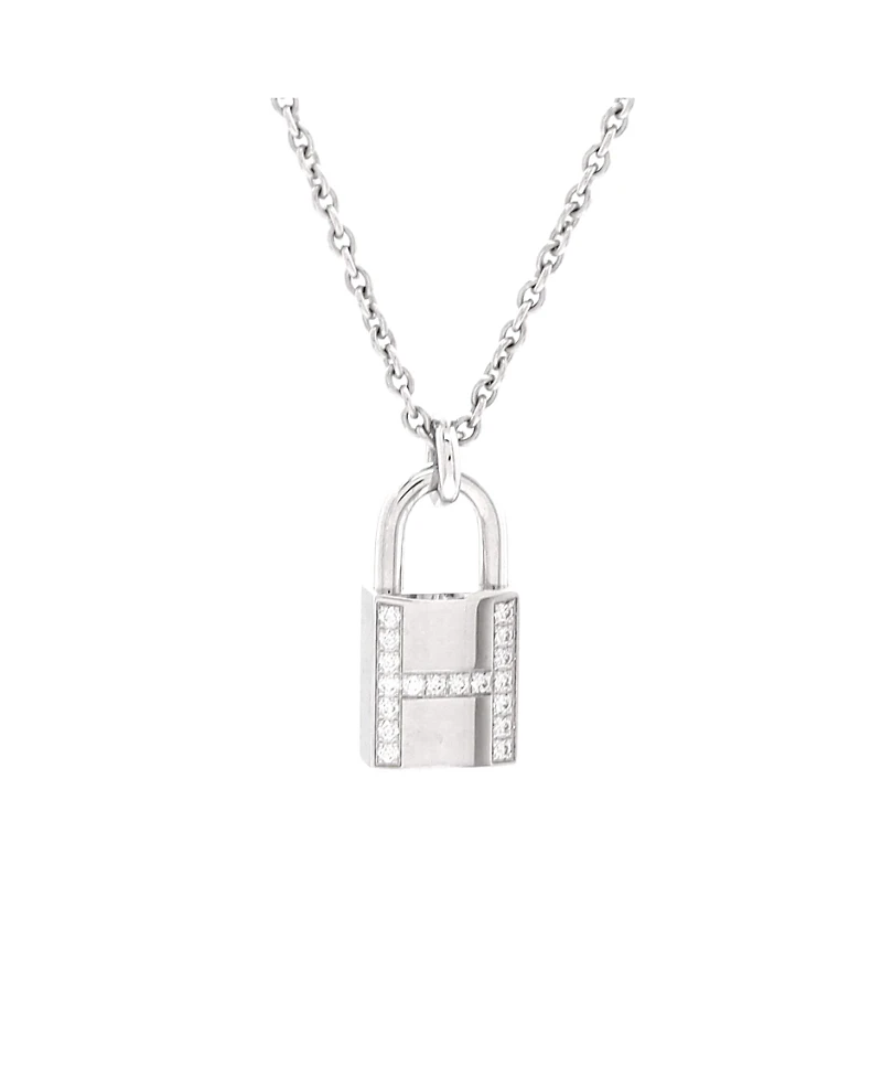 Pre-Owned HERMES Amulettes Cadenas Pendant Necklace 18K White Gold with Diamonds, 15.75 - 15