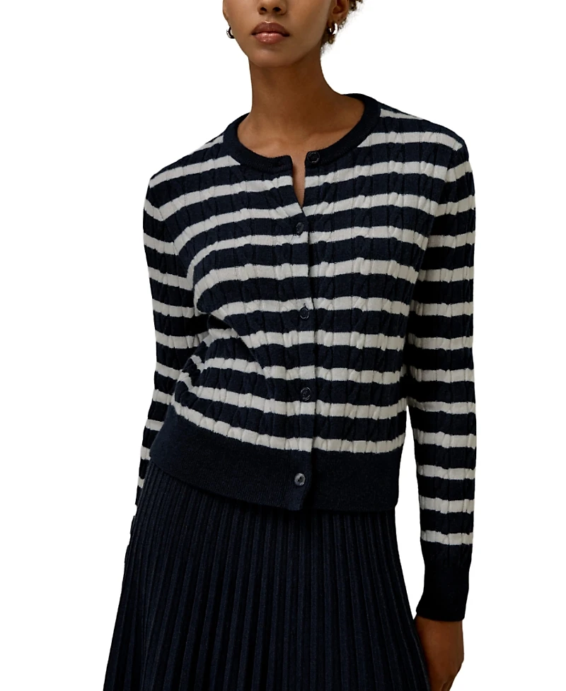 Lilysilk Striped Cable-Knit Cashmere Cardigan