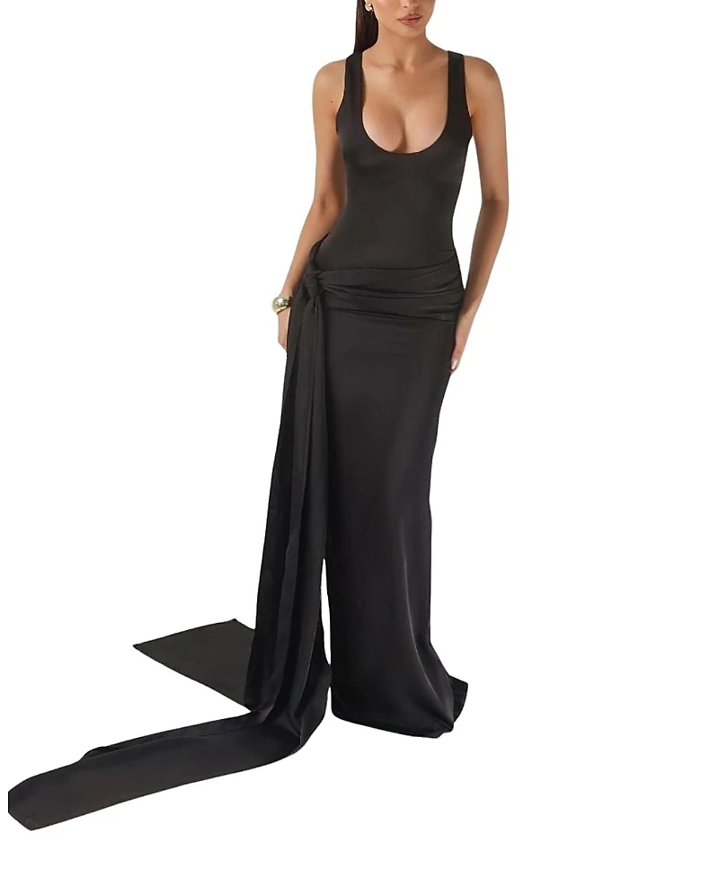 Heiress Beverly Hills Low Neckline Satin Sarong Maxi Dress