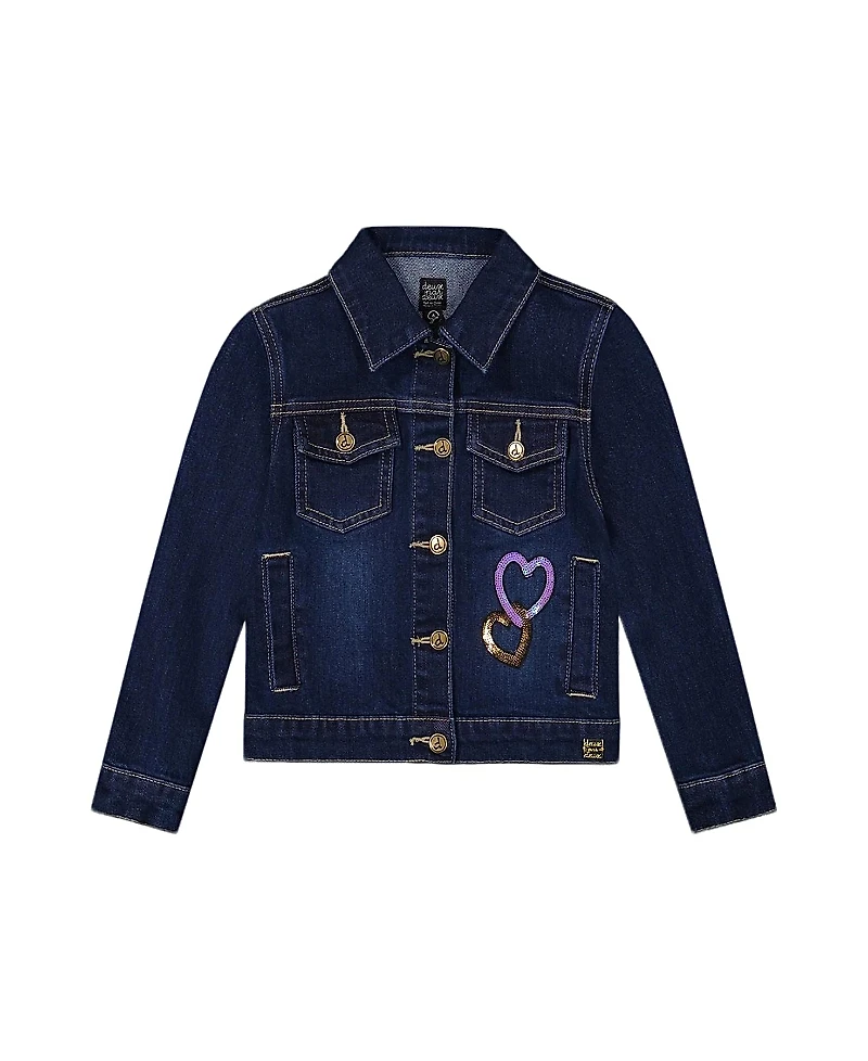 Deux par Girls' Stretch Denim Jacket with Glittery Hearts and Unicorn - Big Kid