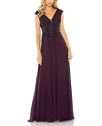 Mac Duggal Appliqued Cap Sleeve Bodice Flowy Gown