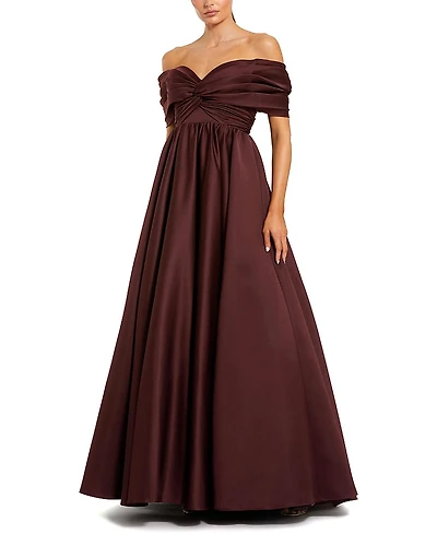 Mac Duggal Satin Off The Shoulder Twist Evening Ballgown