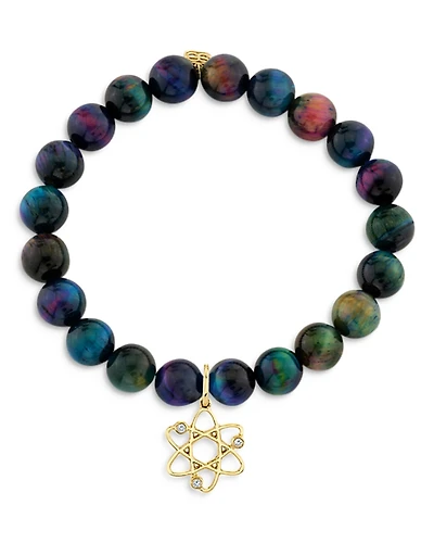 Sydney Evan 14K Yellow Gold Rainbow Tiger Eye & Diamond Cosmos Charm Bracelet