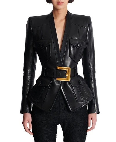Balmain 1-Button Belted Leather Jacket