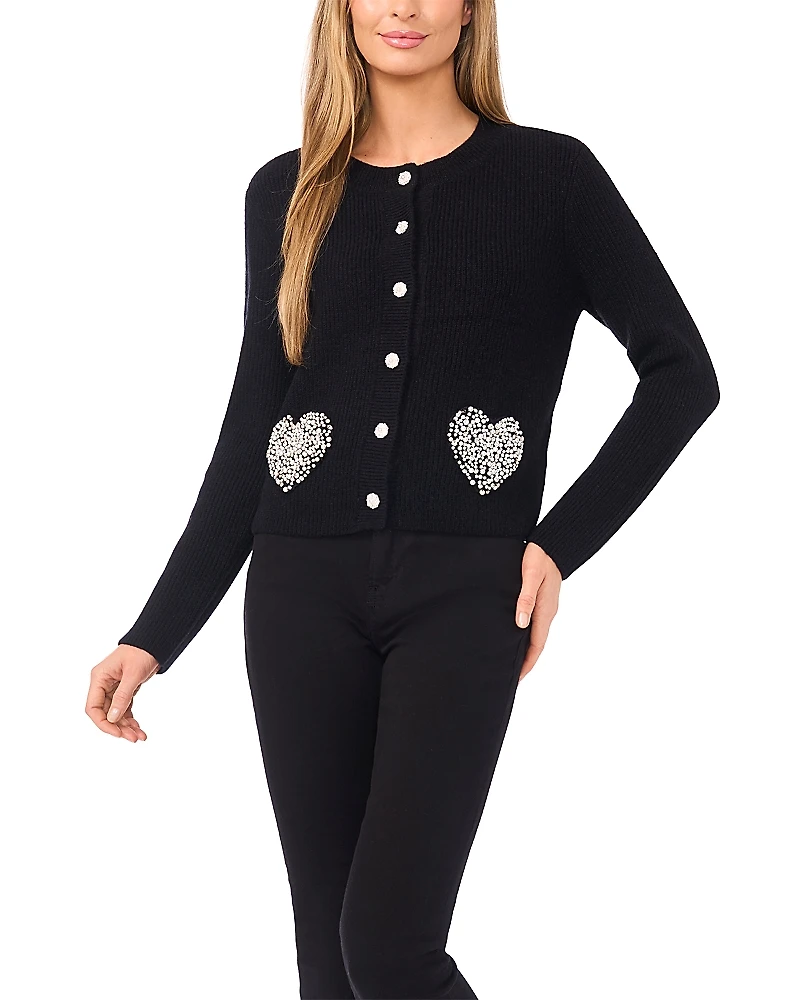 CeCe Rhinestone Heart Pocket Cardigan