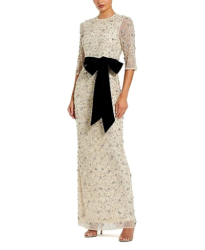 Mac Duggal Beaded Mesh 3/4 Sleeve Column Gown with Bow Belt