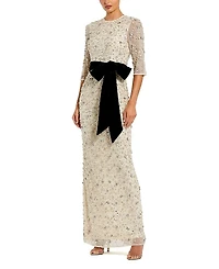 Mac Duggal Beaded Mesh 3/4 Sleeve Column Gown with Bow Belt