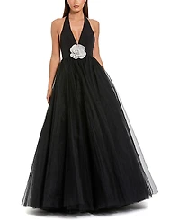 Mac Duggal Jersey Halter Ballgown with Tulle Skirt & Flower