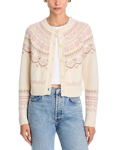 LoveShackFancy Shantae Merino Wool Crewneck Fair Isle Cardigan Sweater