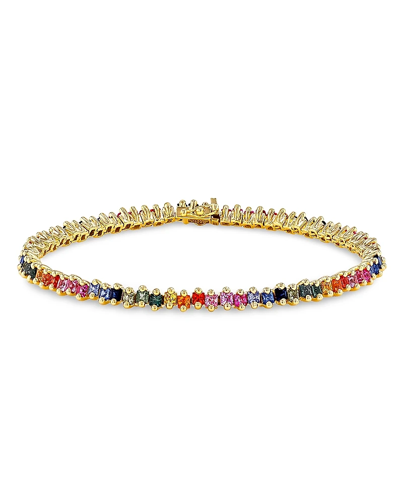 Suzanne Kalan 18K Yellow Gold Rainbow Sapphire Princess Tennis Bracelet