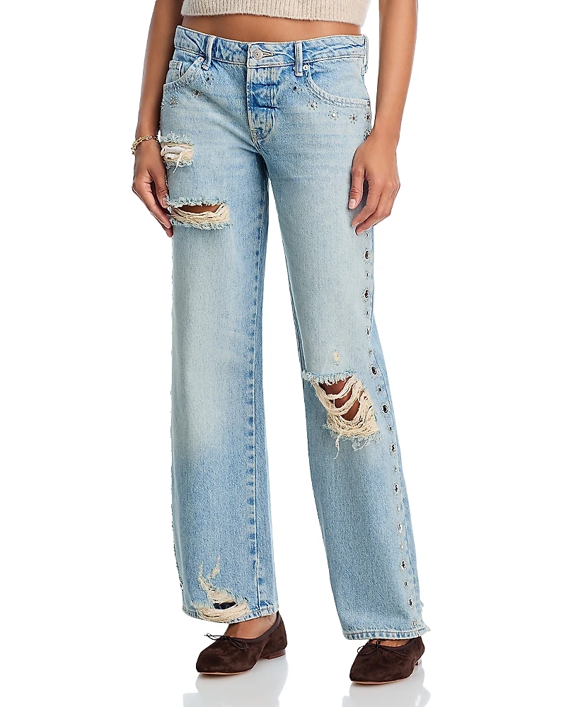 Free People Tennessee Studded Distressed Low Rise Boyfriend Fit Jeans