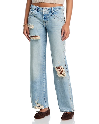 Free People Tennessee Studded Distressed Low Rise Boyfriend Fit Jeans