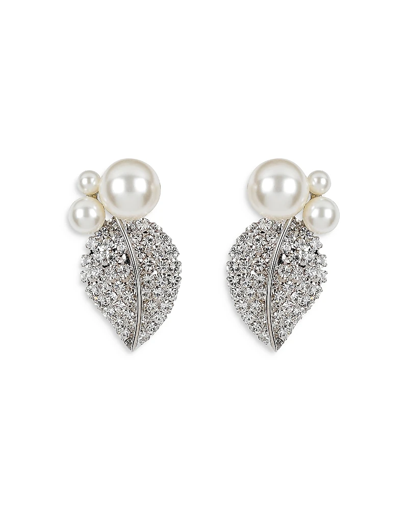 Jennifer Behr Blanca Pave & Imitation Pearl Leaf Drop Earrings